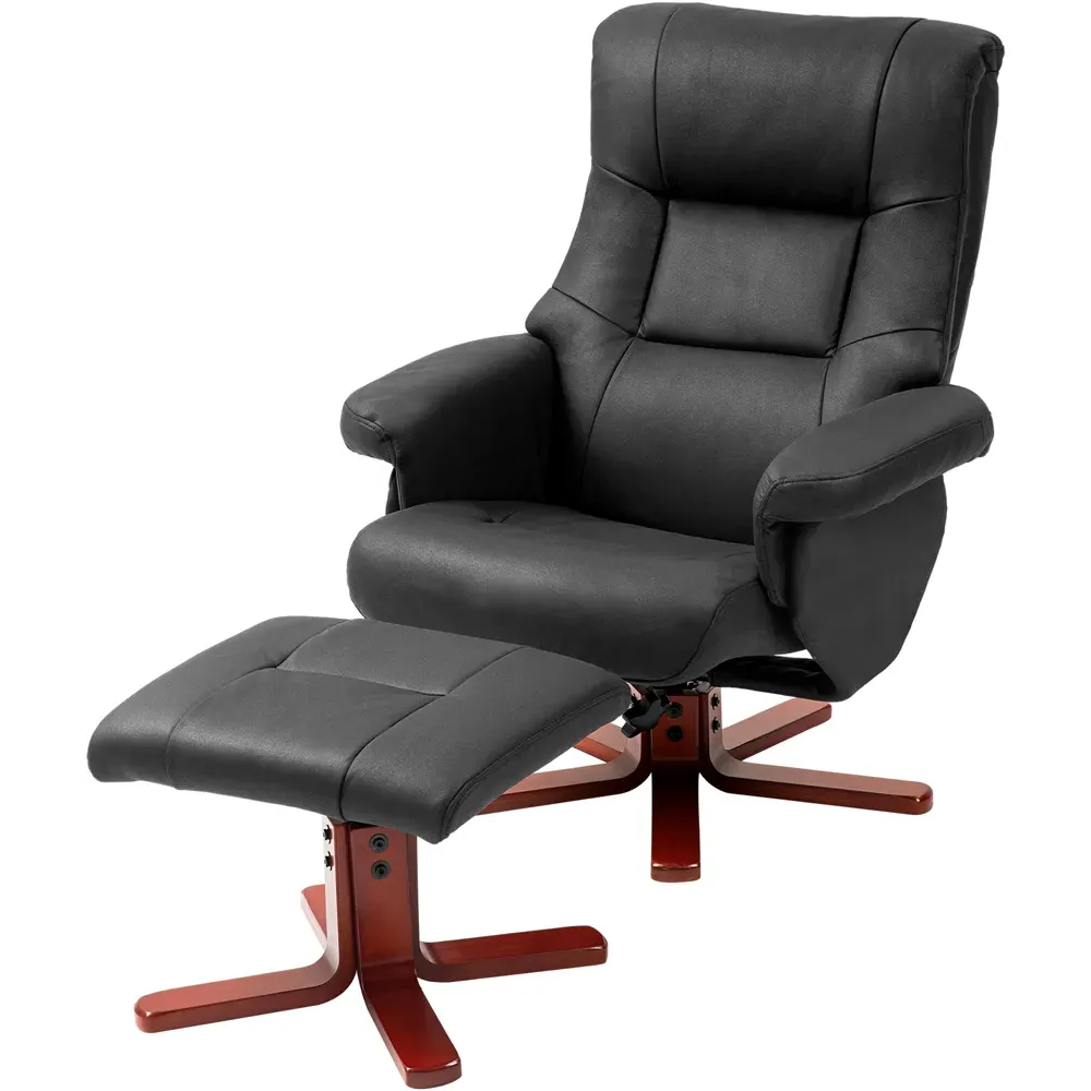 Recliner Chair with Footstool - Black, Faux Leather