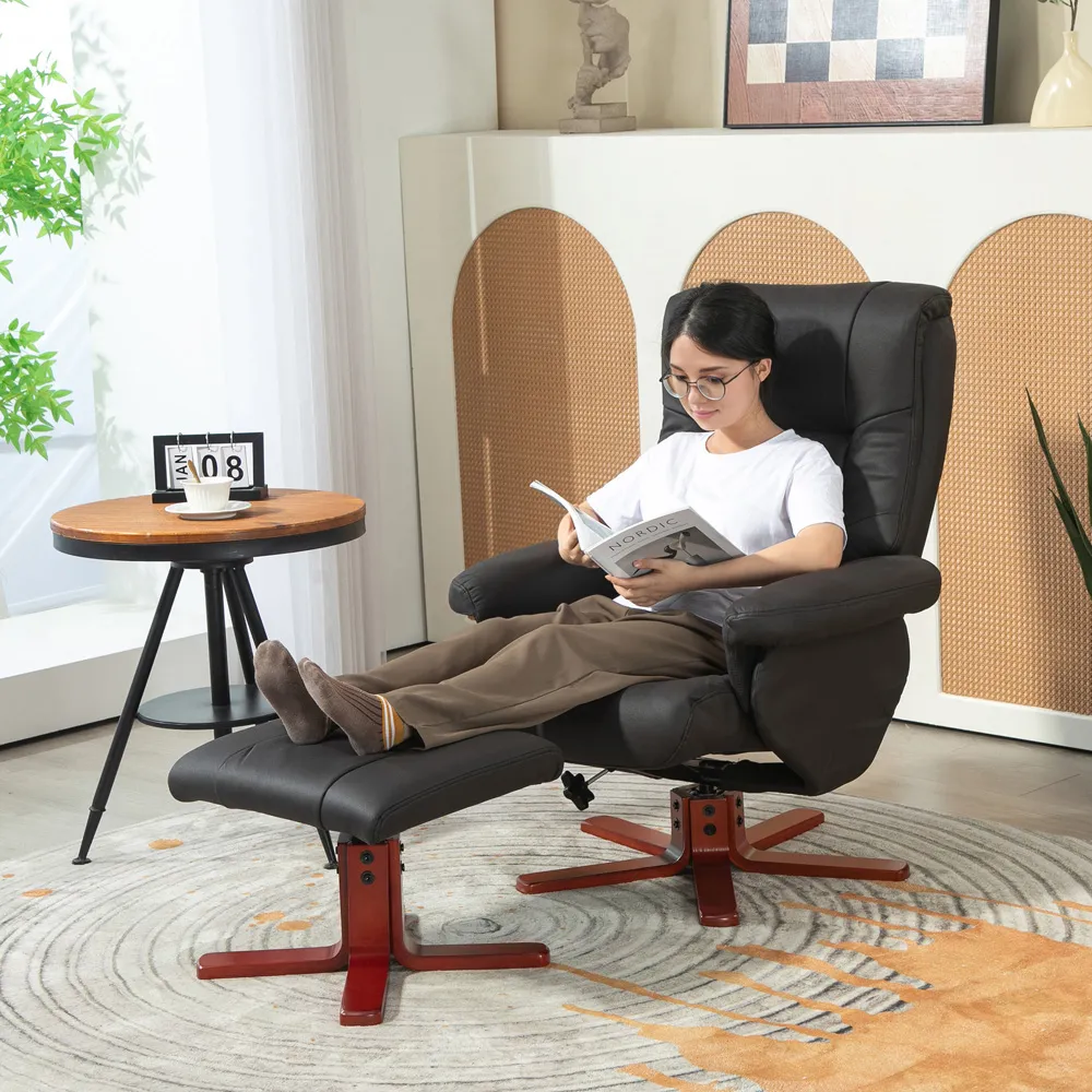 Recliner Chair with Footstool - Black, Faux Leather