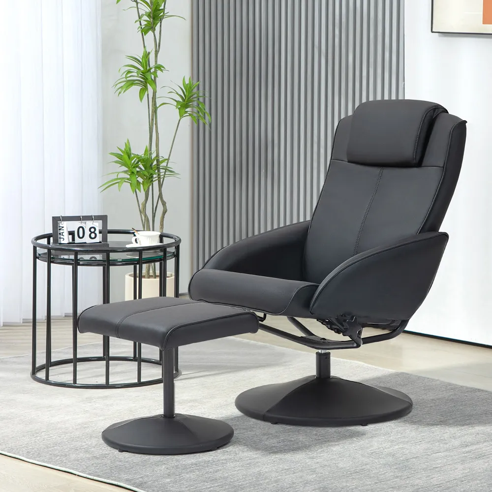 Recliner Chair with Footstool - Black, Faux Leather