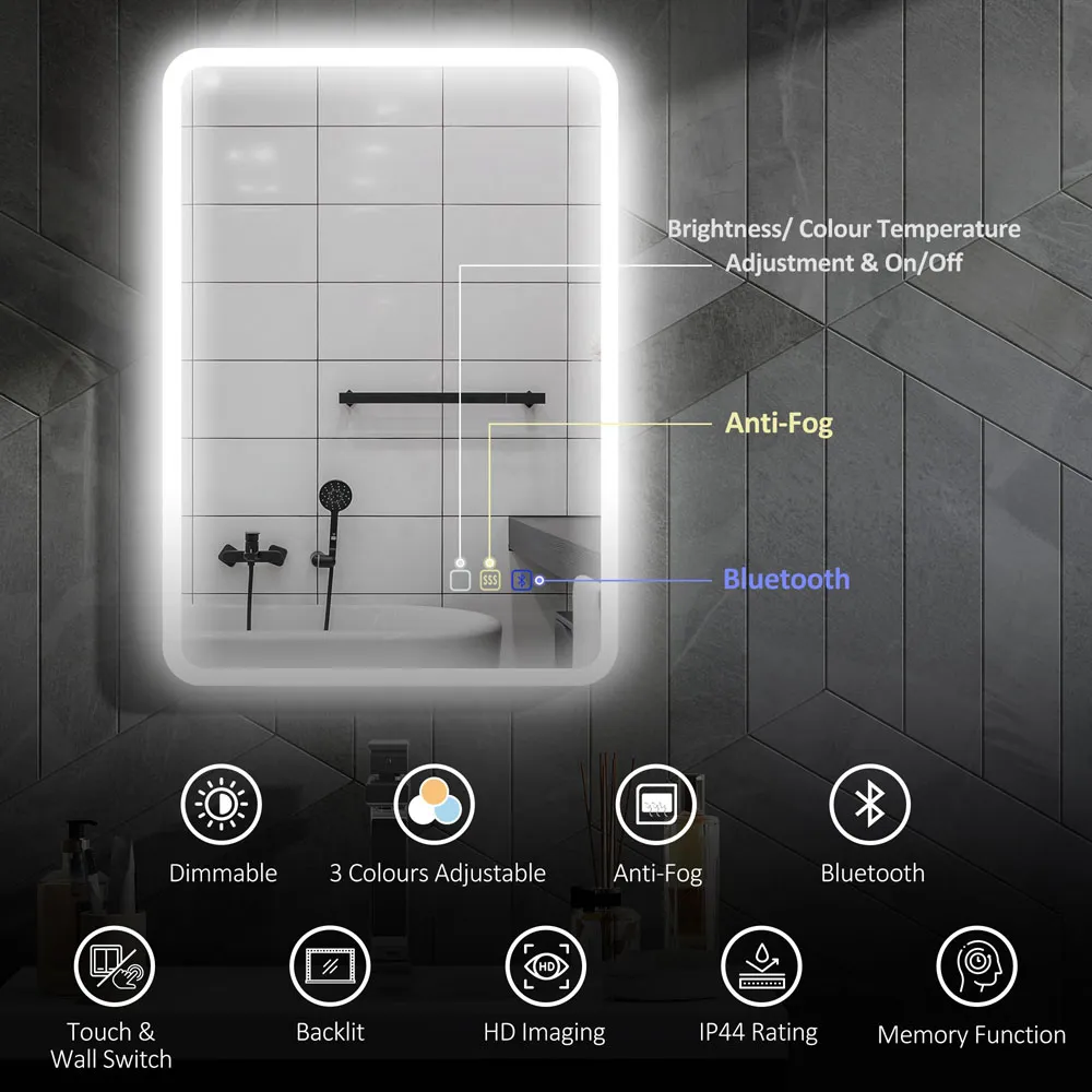 Rectangle LED Bathroom Mirror with Bluetooth - Silver