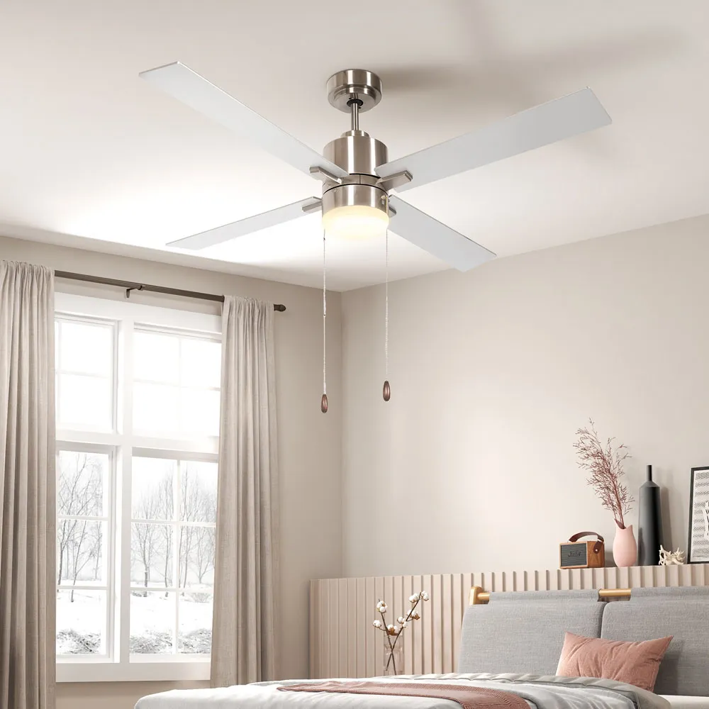Reversible Ceiling Fan with Light and Pull Chain - Silver