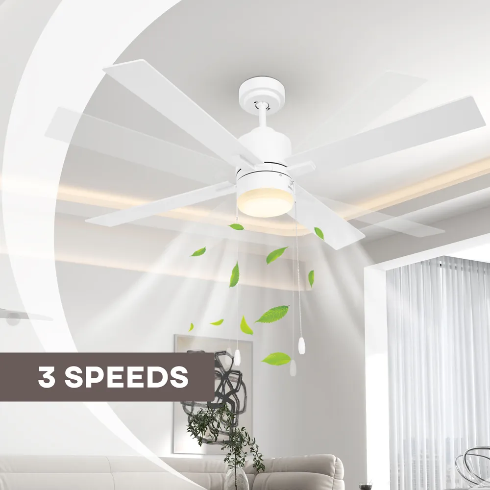 Reversible Ceiling Fan with Light and Pull Chain - White