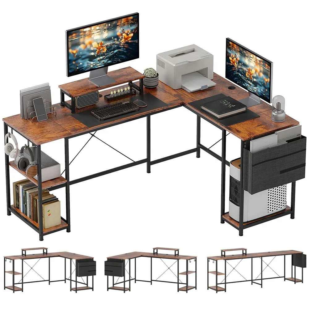 Reversible L-Shaped Computer Desk with Storage - Brown