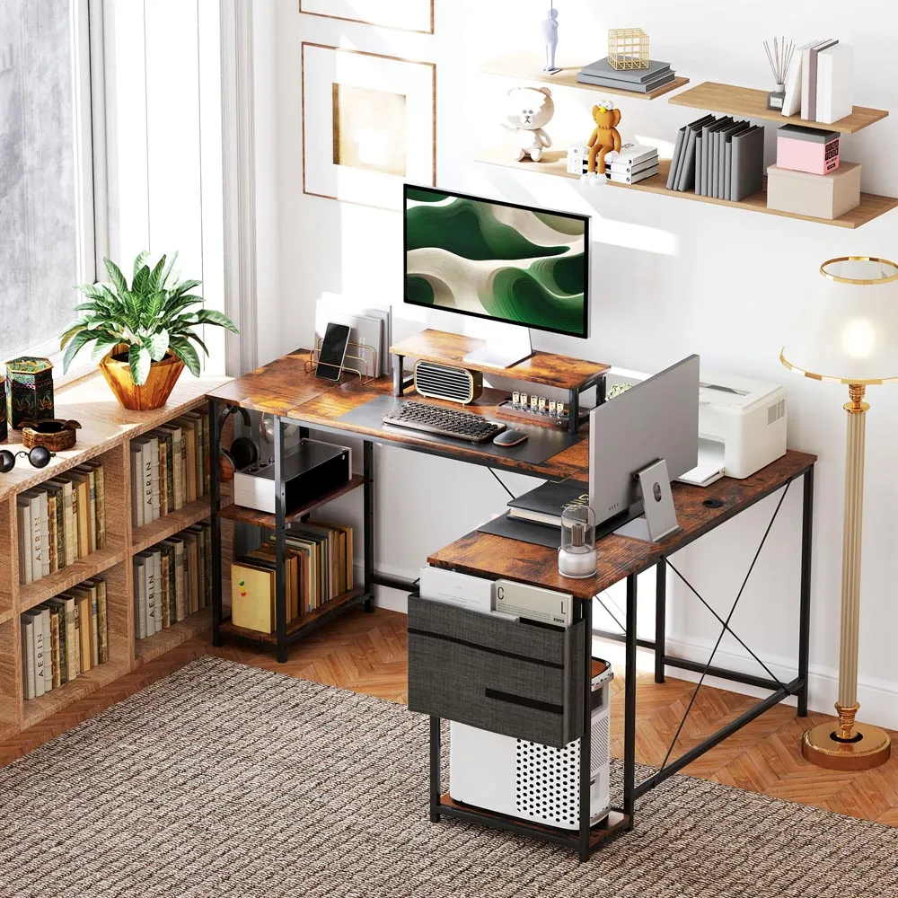 Reversible L-Shaped Computer Desk with Storage - Brown