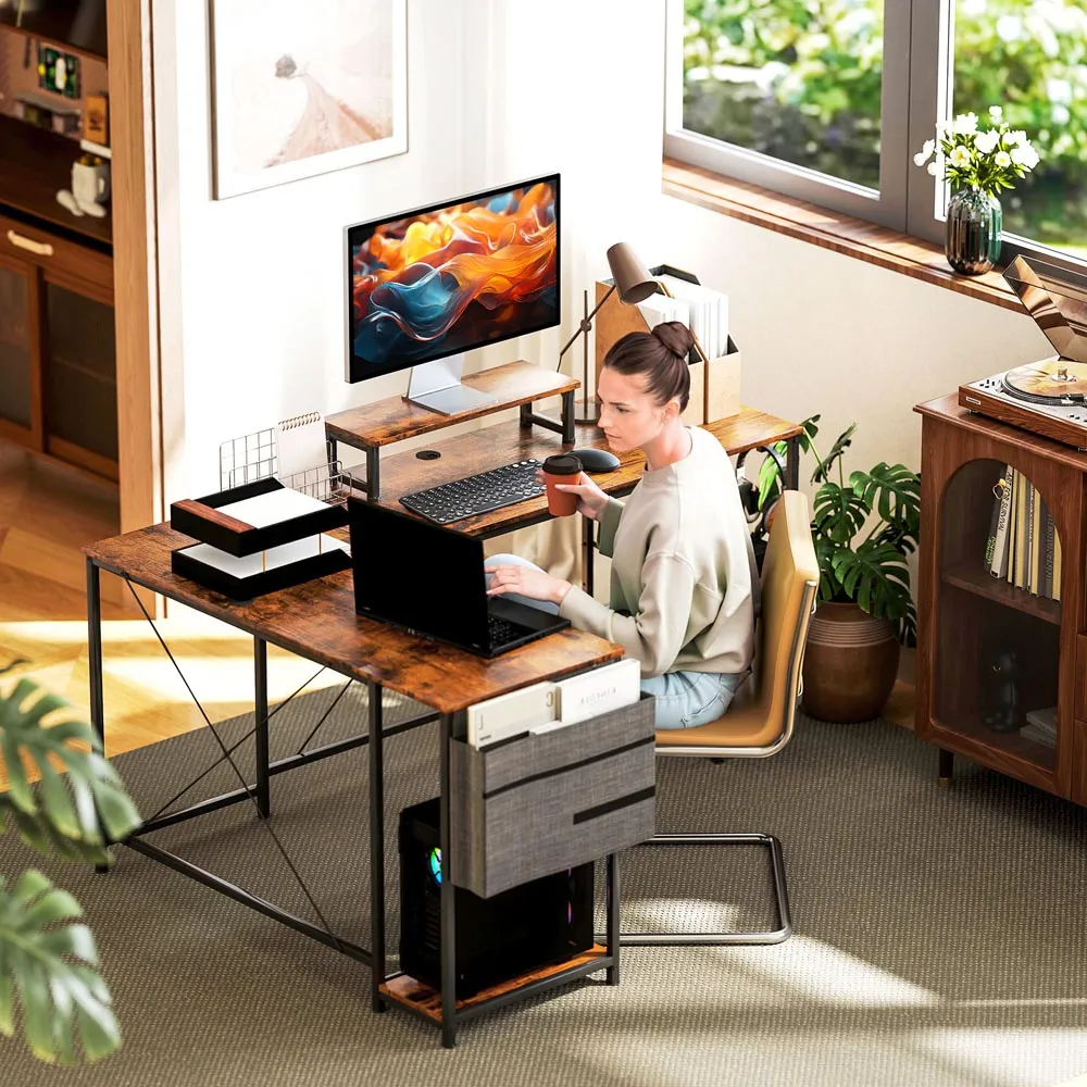 Reversible L-Shaped Computer Desk with Storage - Brown