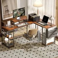 Reversible L-Shaped Computer Desk with Storage - Brown
