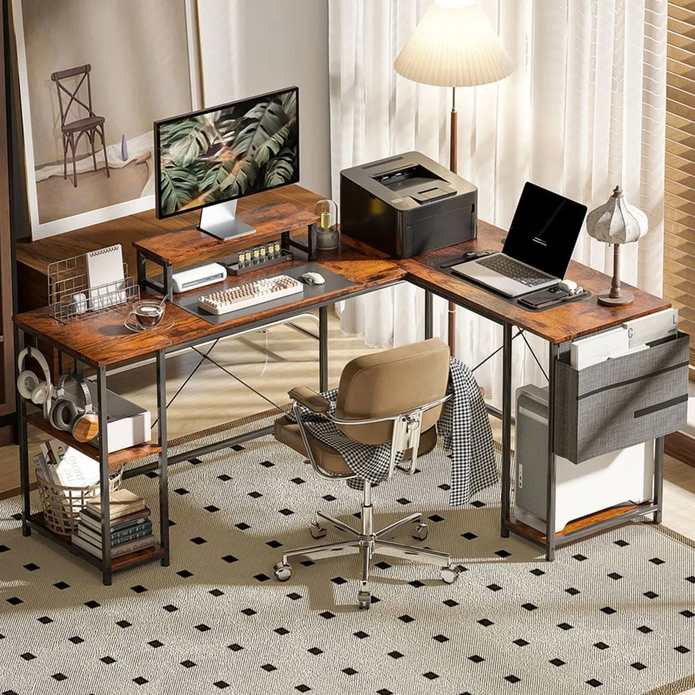 Reversible L-Shaped Computer Desk with Storage - Brown image