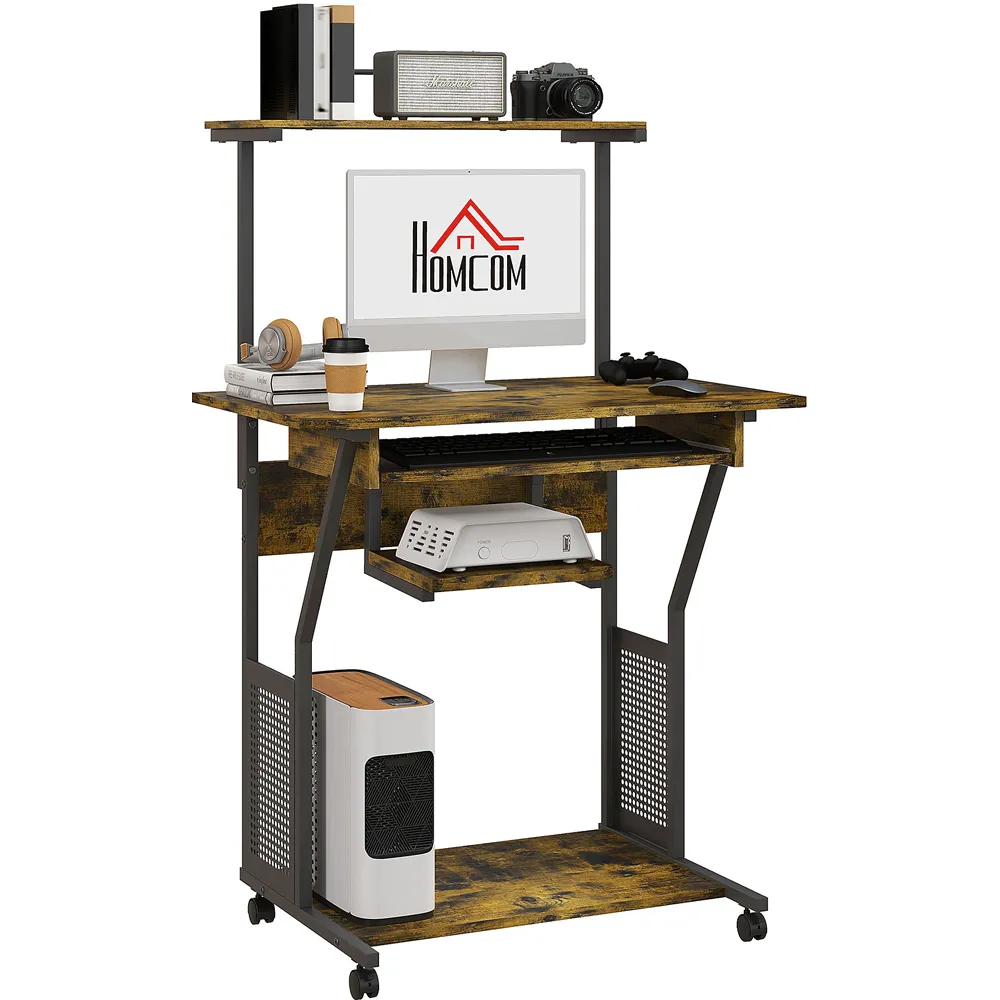 Rolling Computer Desk with Shelves and Keyboard Tray - Brown