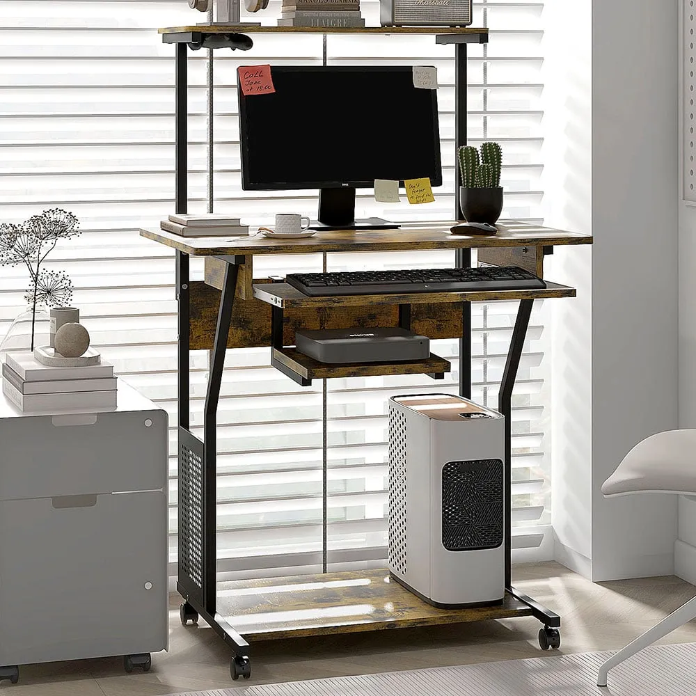 Rolling Computer Desk with Shelves and Keyboard Tray - Brown image