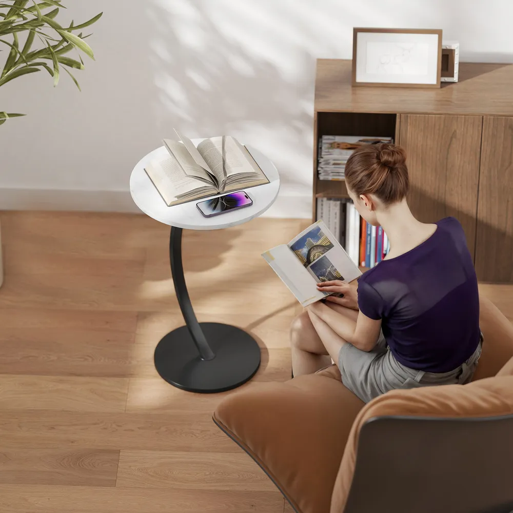 Round C-Shaped Side Table - White, Marble Effect