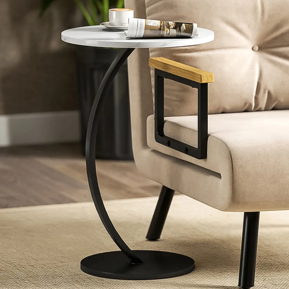 Round C-Shaped Side Table - White, Marble Effect