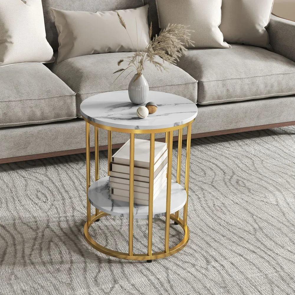 Round Coffee Table Set of 2 - Orange, Marble-Effect