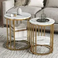 Round Coffee Table Set of 2 - Orange, Marble-Effect