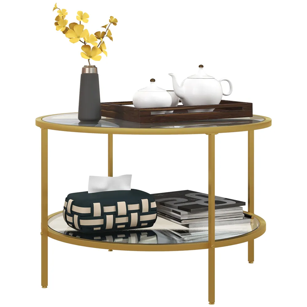 Round Coffee Table with Storage Shelf - Gold