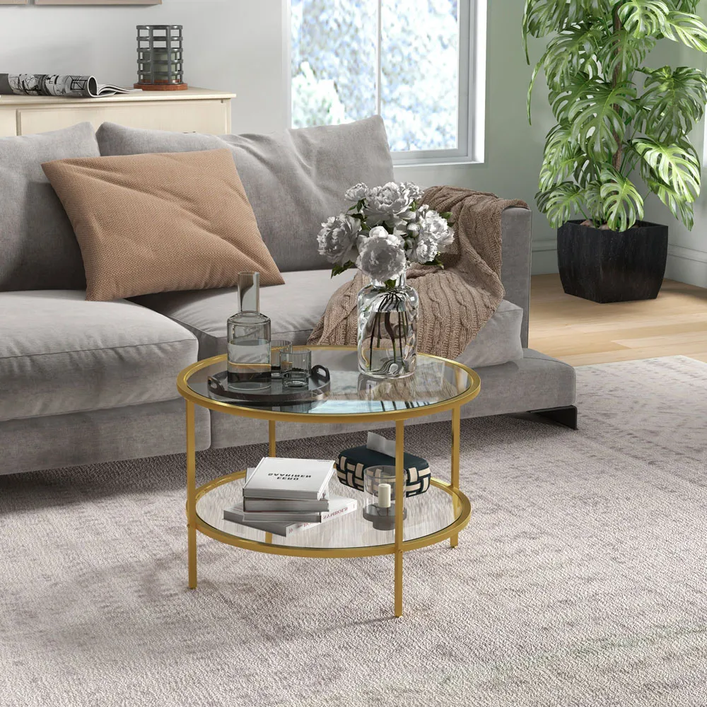 Round Coffee Table with Storage Shelf - Gold