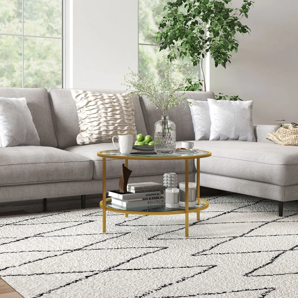 Round Coffee Table with Storage Shelf - Gold