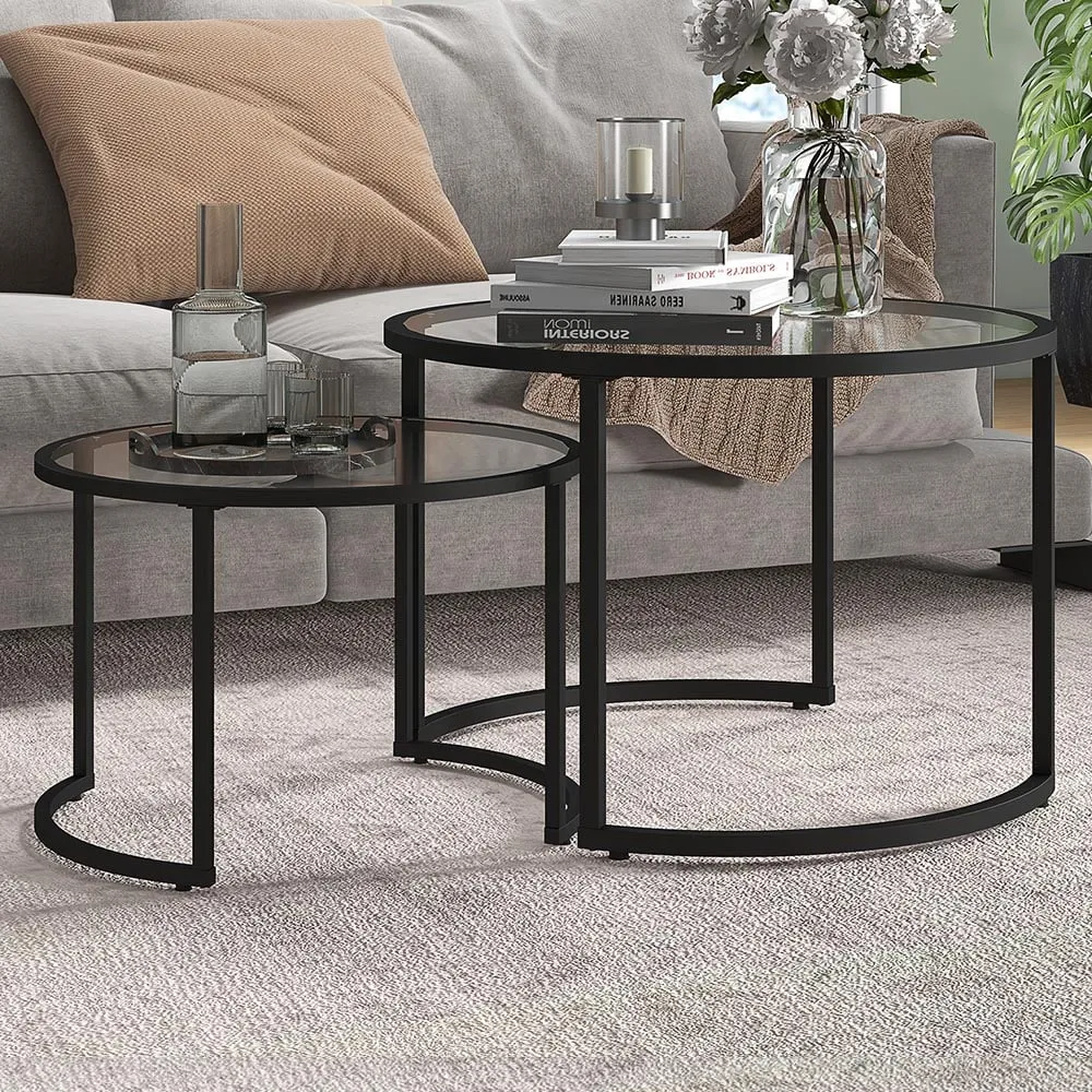 Round Nesting Tables Set of 2 - Black, Glass