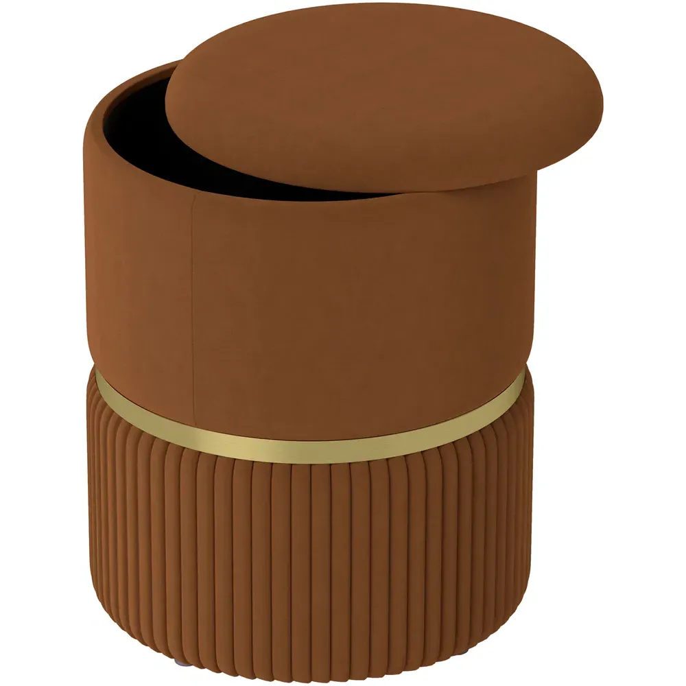 Round Pouffe with Storage - Brown, Velvet