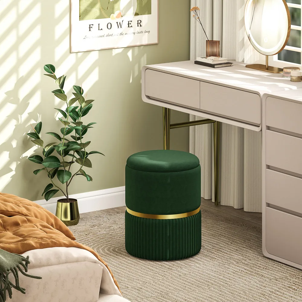 Round Pouffe with Storage - Green, Velvet