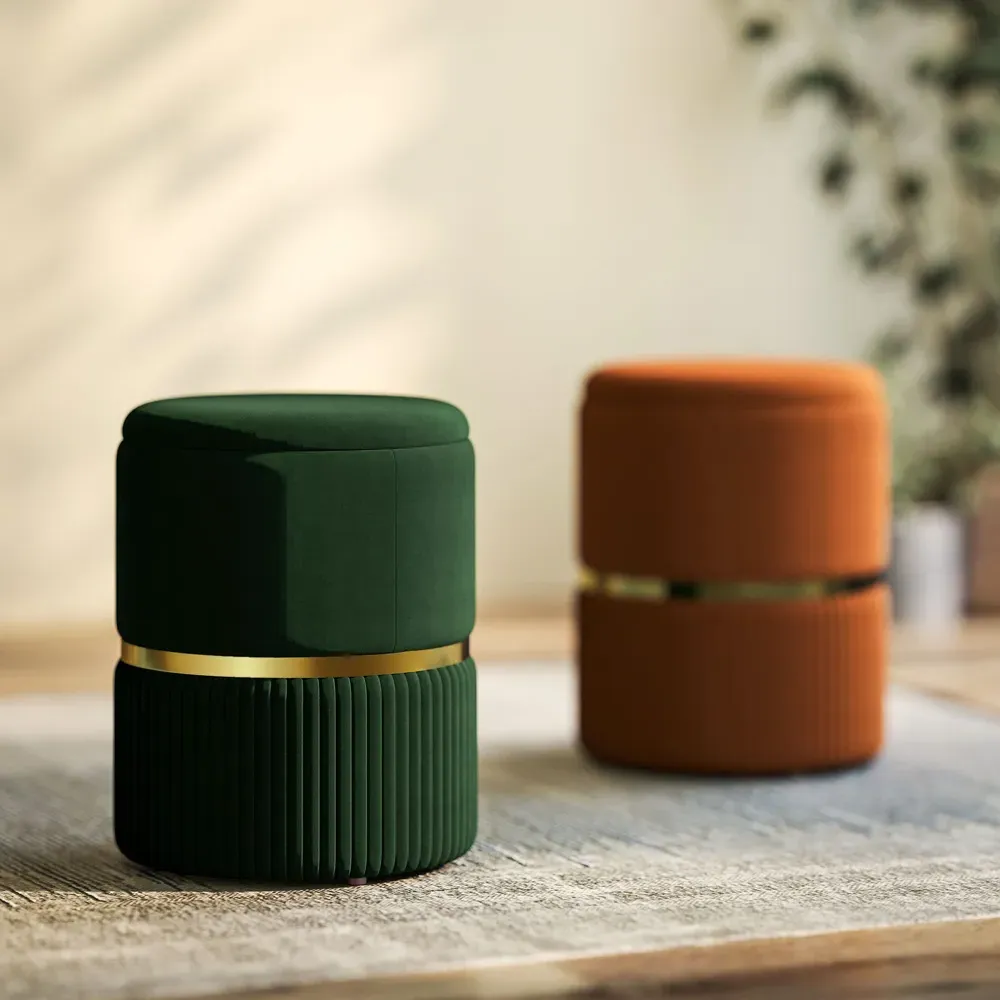 Round Pouffe with Storage - Green, Velvet