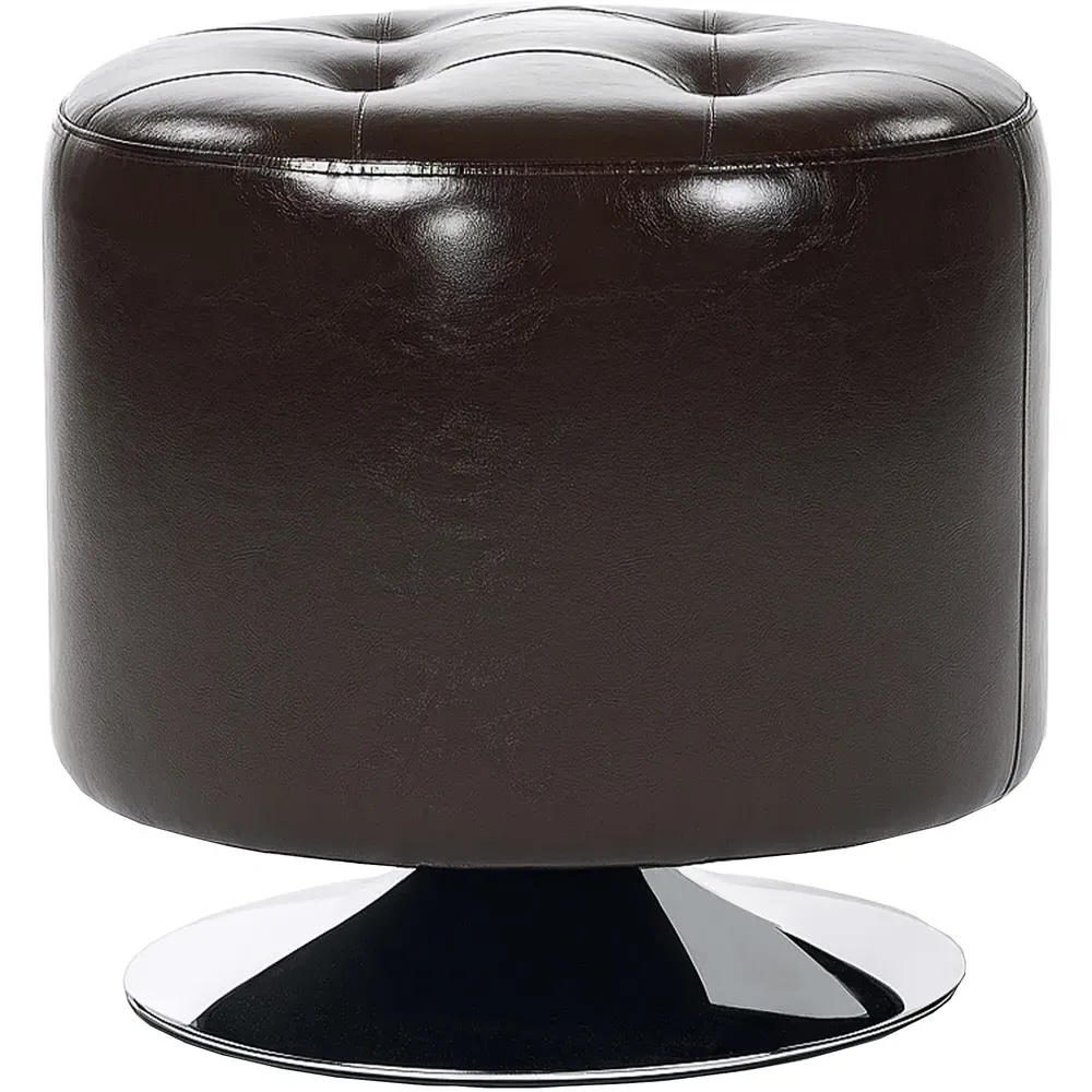 Round Swivel Footstool - Brown, PU Leather