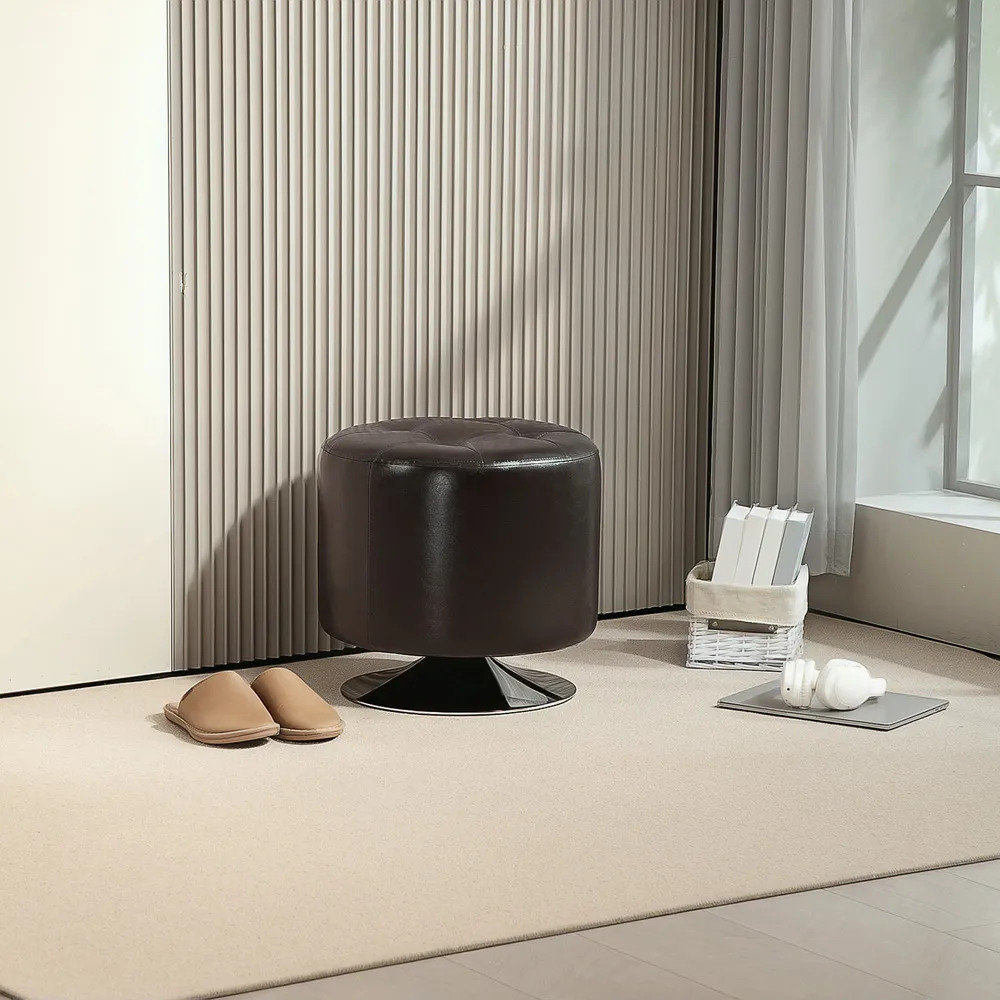 Round Swivel Footstool - Brown, PU Leather