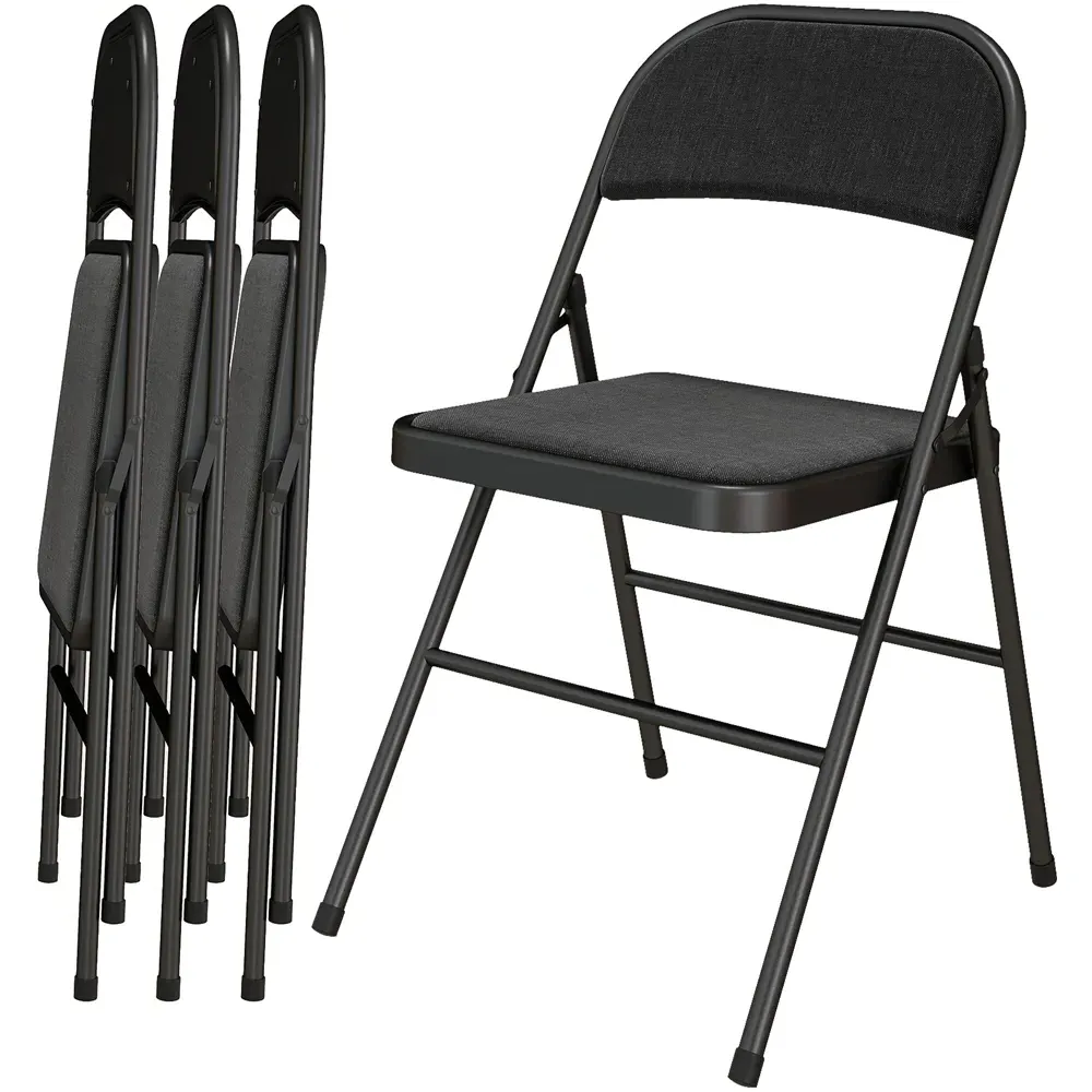 Set of 4 Foldable Padded Chairs - Black, Linen Look