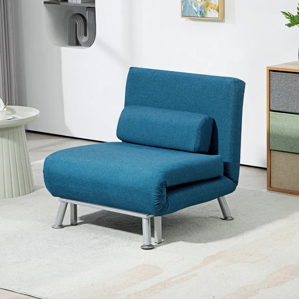 Single Chair Bed with Adjustable Backrest - Blue, Linen