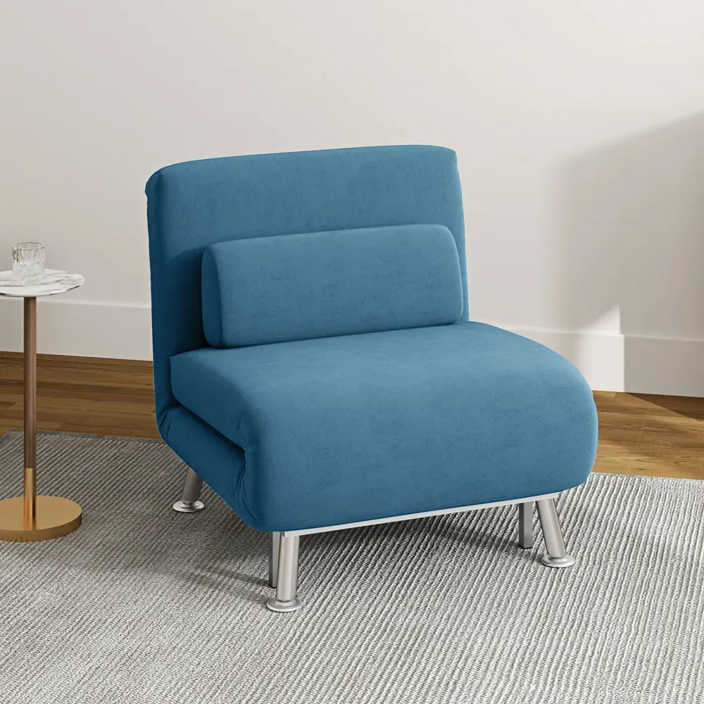 Single Chair Bed with Adjustable Backrest - Blue, Velvet