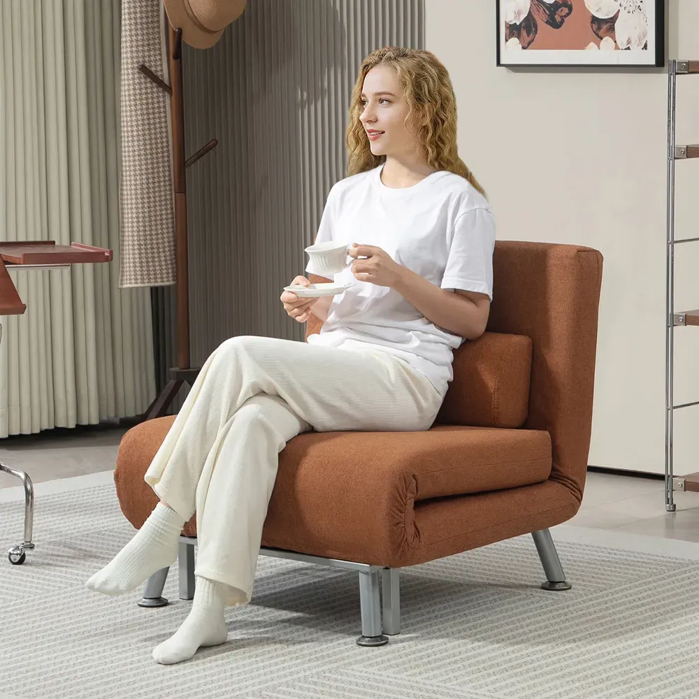 Single Chair Bed with Adjustable Backrest - Coffee, Linen