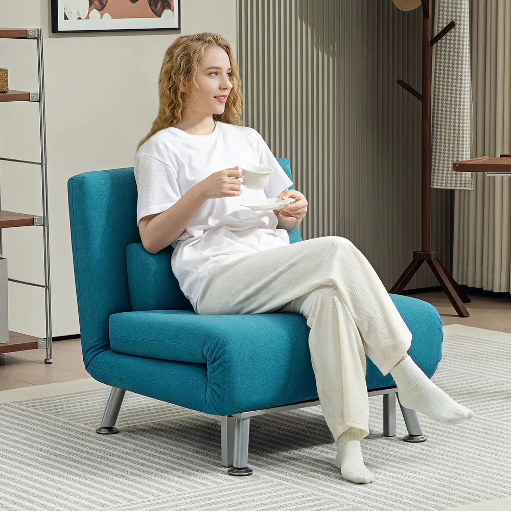 Single Chair Bed with Adjustable Backrest - Dark Blue, Linen