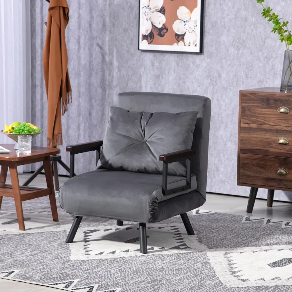 Single Convertible Chair Bed - Grey, Velvet