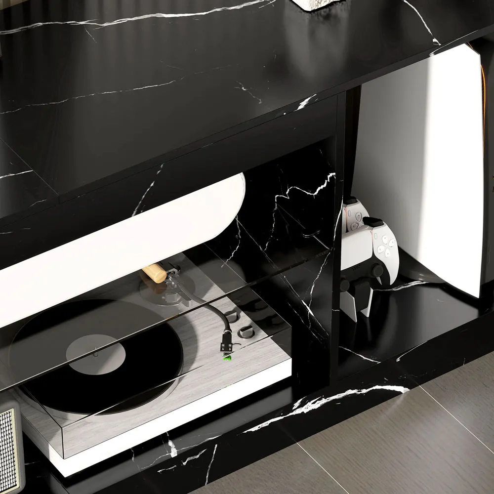 Single Door 3 Shelf TV Unit - Black Marble Effect