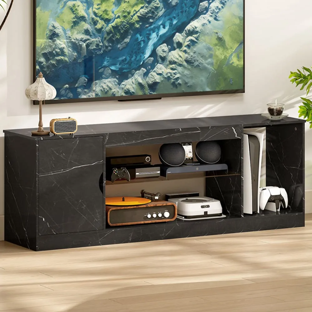 Single Door 3 Shelf TV Unit - Black Marble Effect