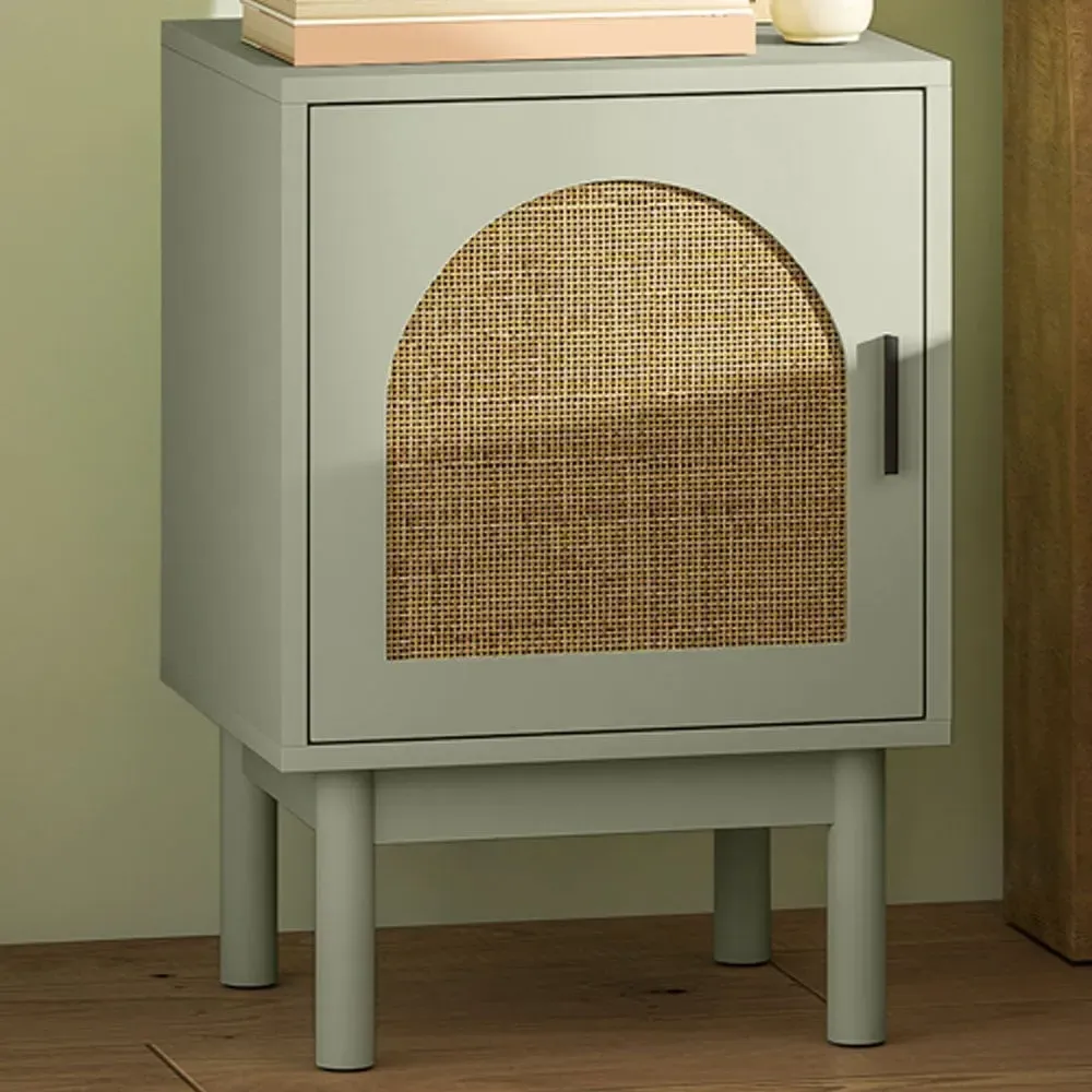 Single Door Bedside Table with Storage - Green, Rattan