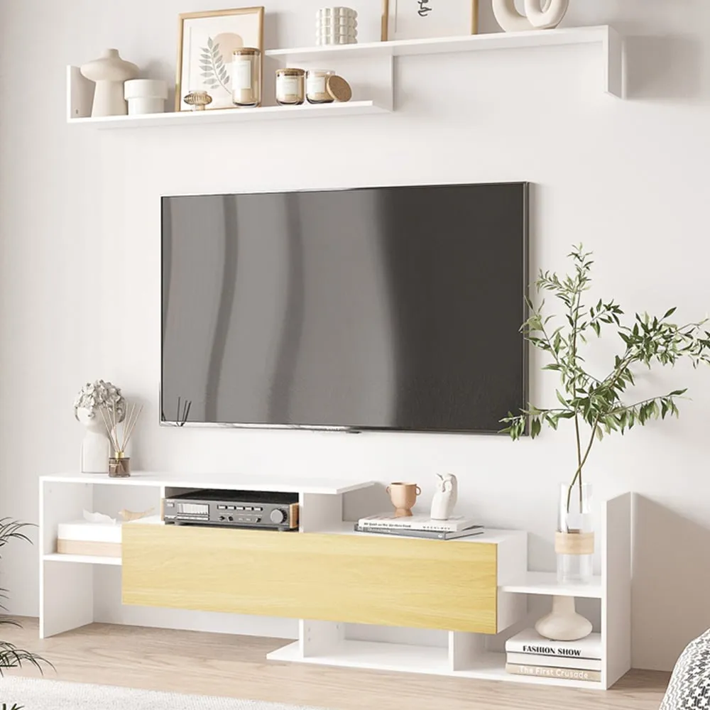 Single Door Multi Shelf TV Unit - White, Natural Wood image