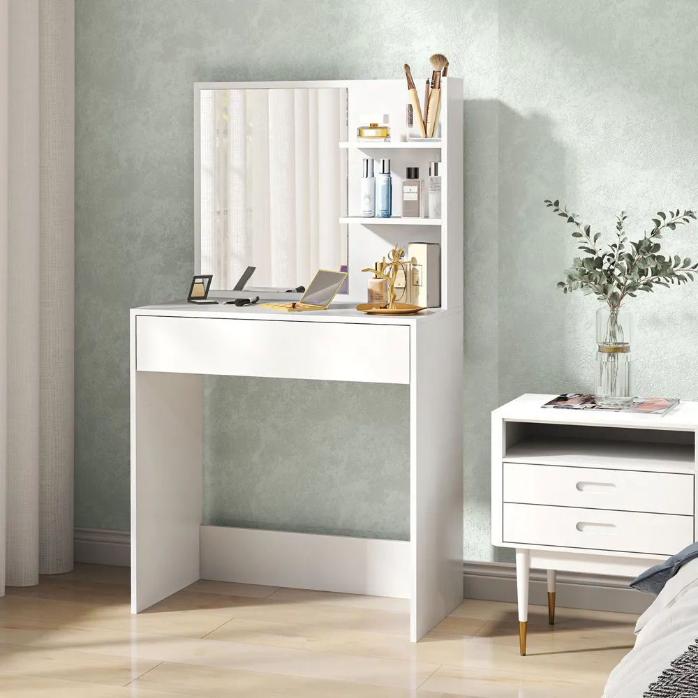 Single Drawer 3 Shelf Dressing Table with Mirror - White