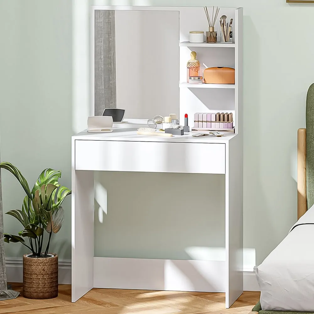 Single Drawer 3 Shelf Dressing Table with Mirror - White