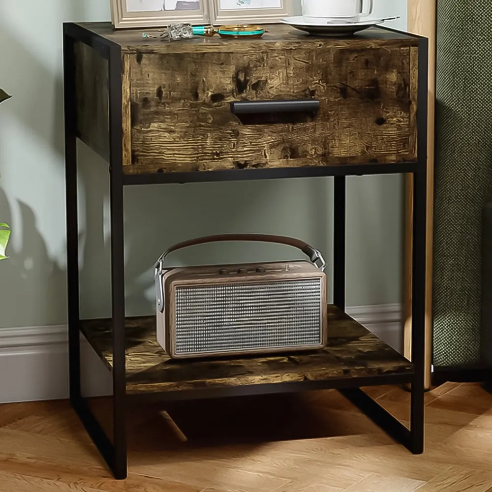Single Drawer Bedside Table with Shelf - Brown