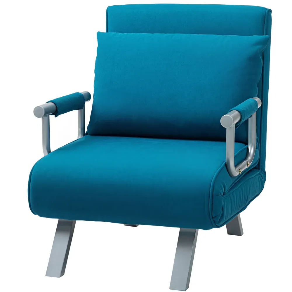 Single Reclining Chair Bed with Pillow - Blue, Faux Suede