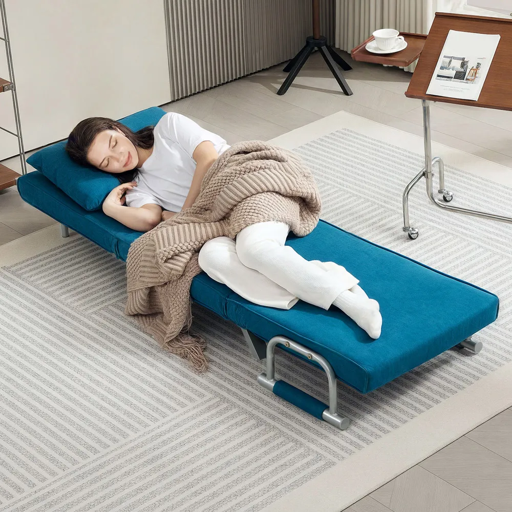 Single Reclining Chair Bed with Pillow - Blue, Faux Suede