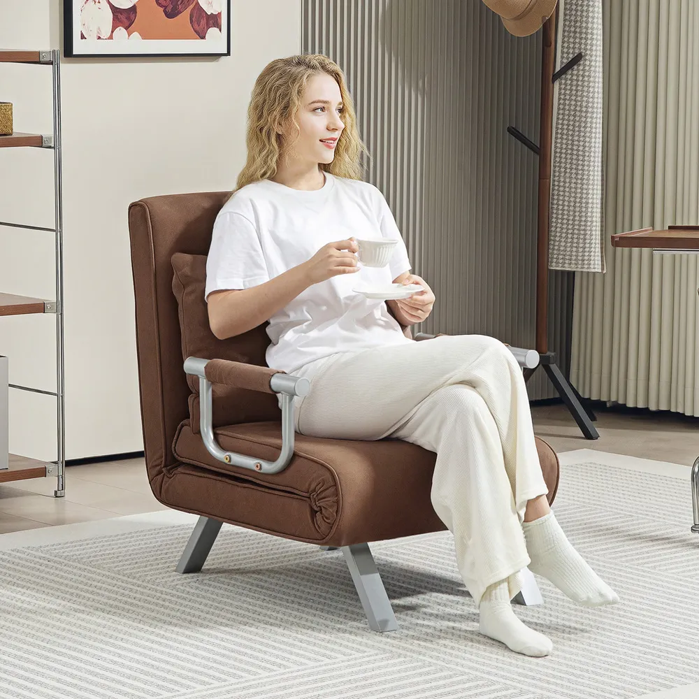 Single Reclining Chair Bed with Pillow - Brown, Faux Suede