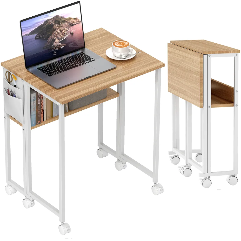 Single Shelf Foldable Computer Desk with Wheels - Brown