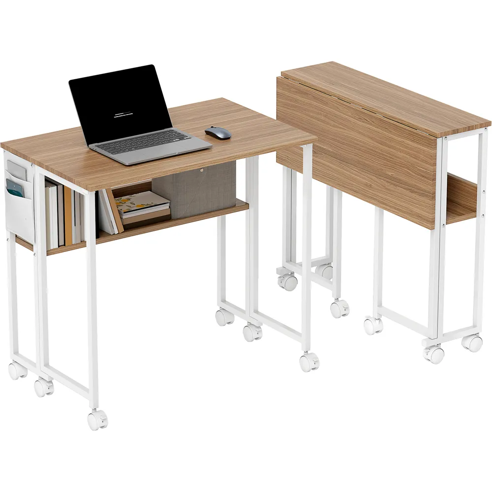 Single Shelf Foldable Computer Desk with Wheels - Brown