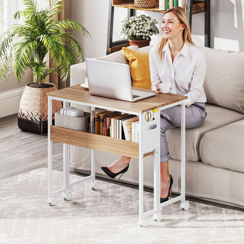 Single Shelf Foldable Computer Desk with Wheels - Brown