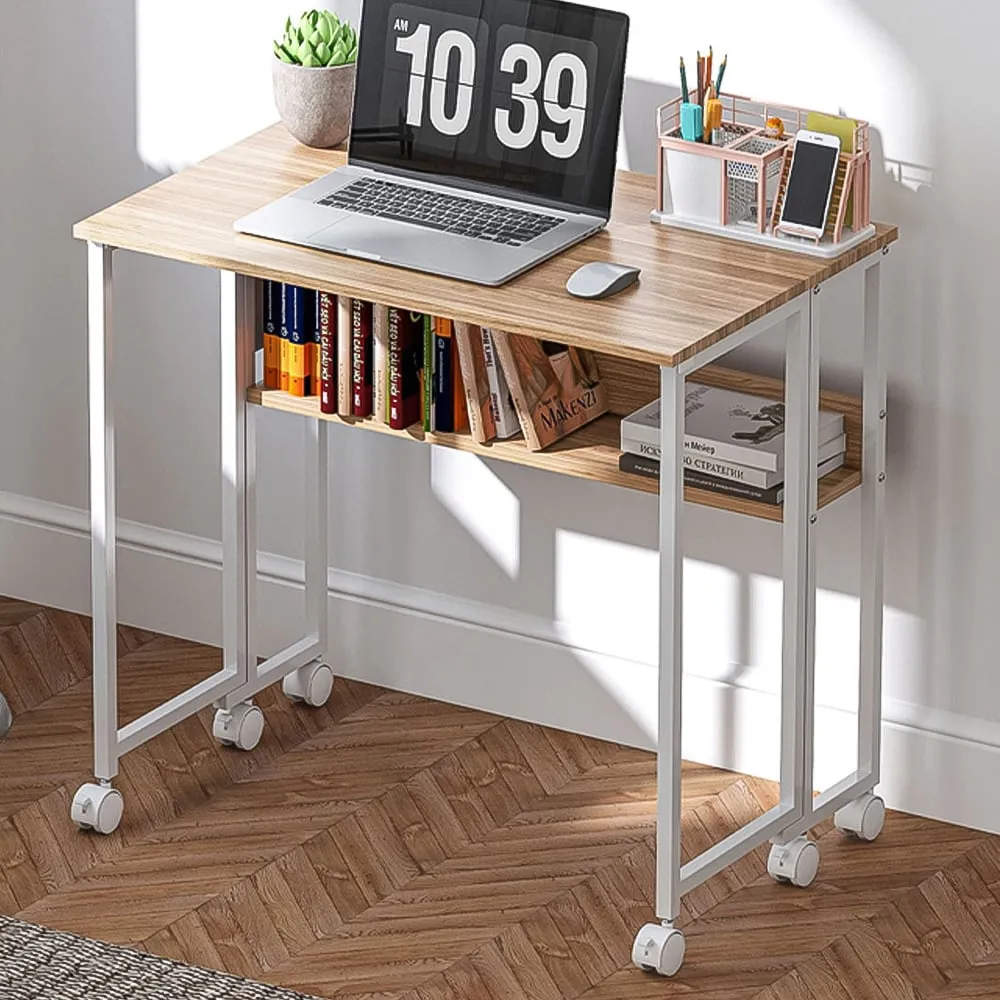 Single Shelf Foldable Computer Desk with Wheels - Brown