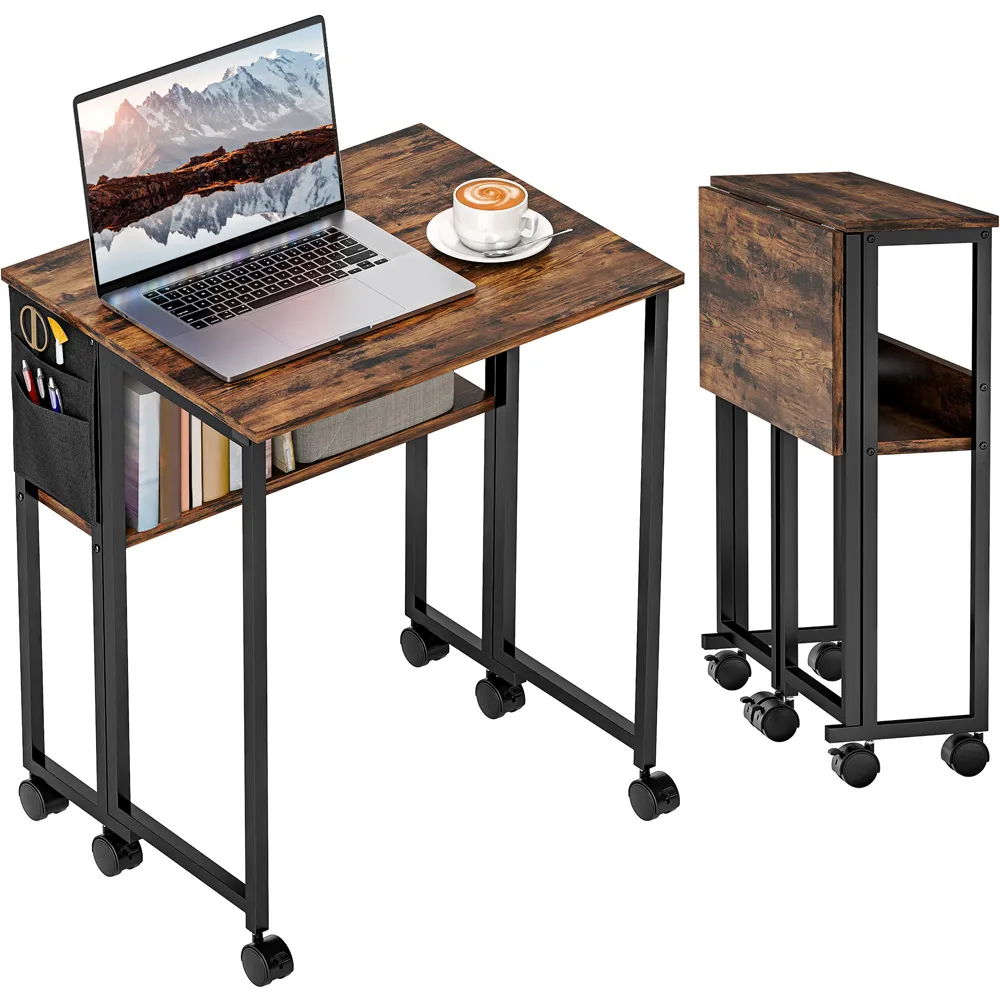 Single Shelf Foldable Computer Desk with Wheels - Brown