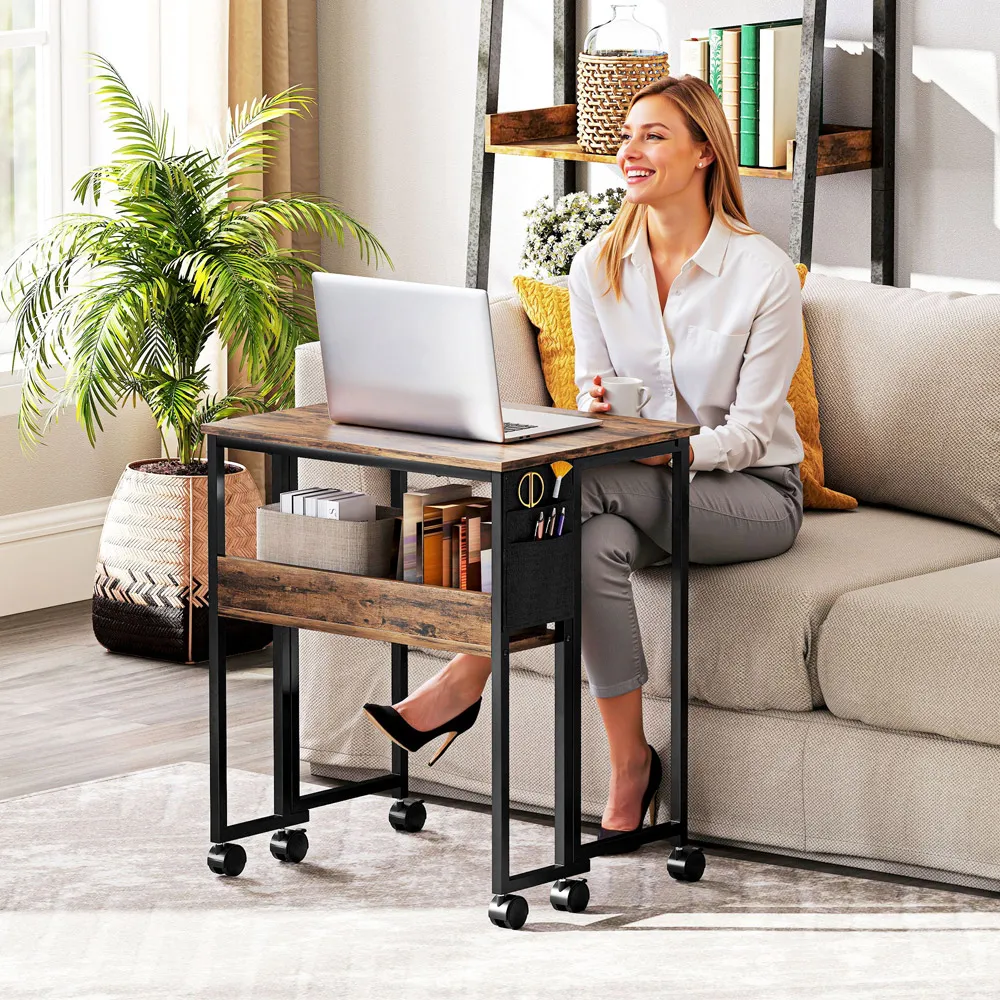 Single Shelf Foldable Computer Desk with Wheels - Brown