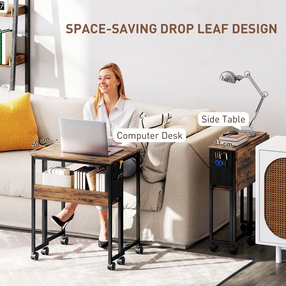 Single Shelf Foldable Computer Desk with Wheels - Brown