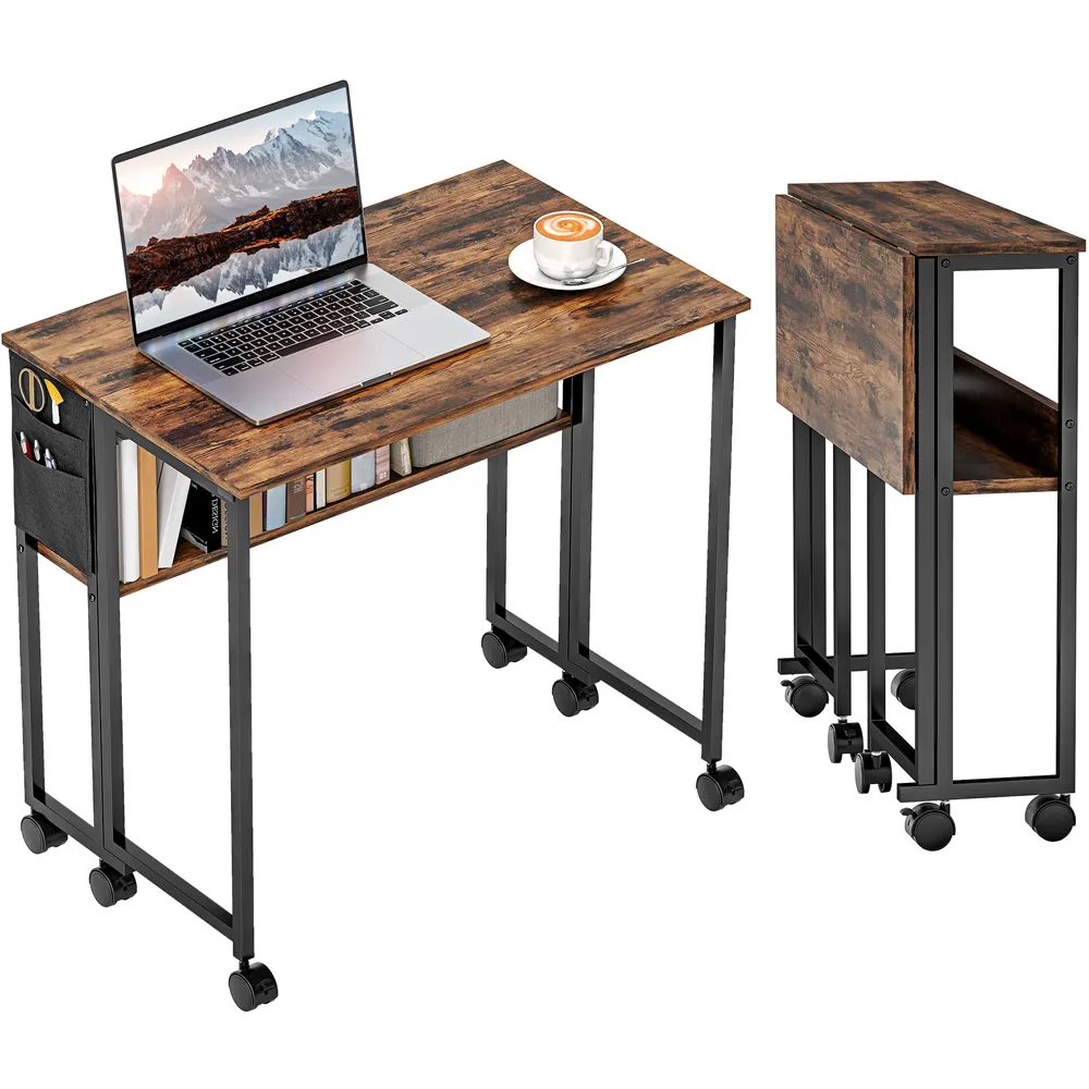 Single Shelf Foldable Computer Desk with Wheels - Brown